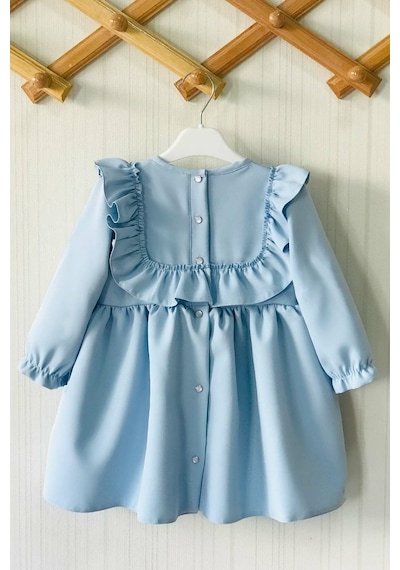Fırfır Ve Kurdele Detaylı Tasarım Bebe Mavi Kız Çocuk Bebek Elbise 001