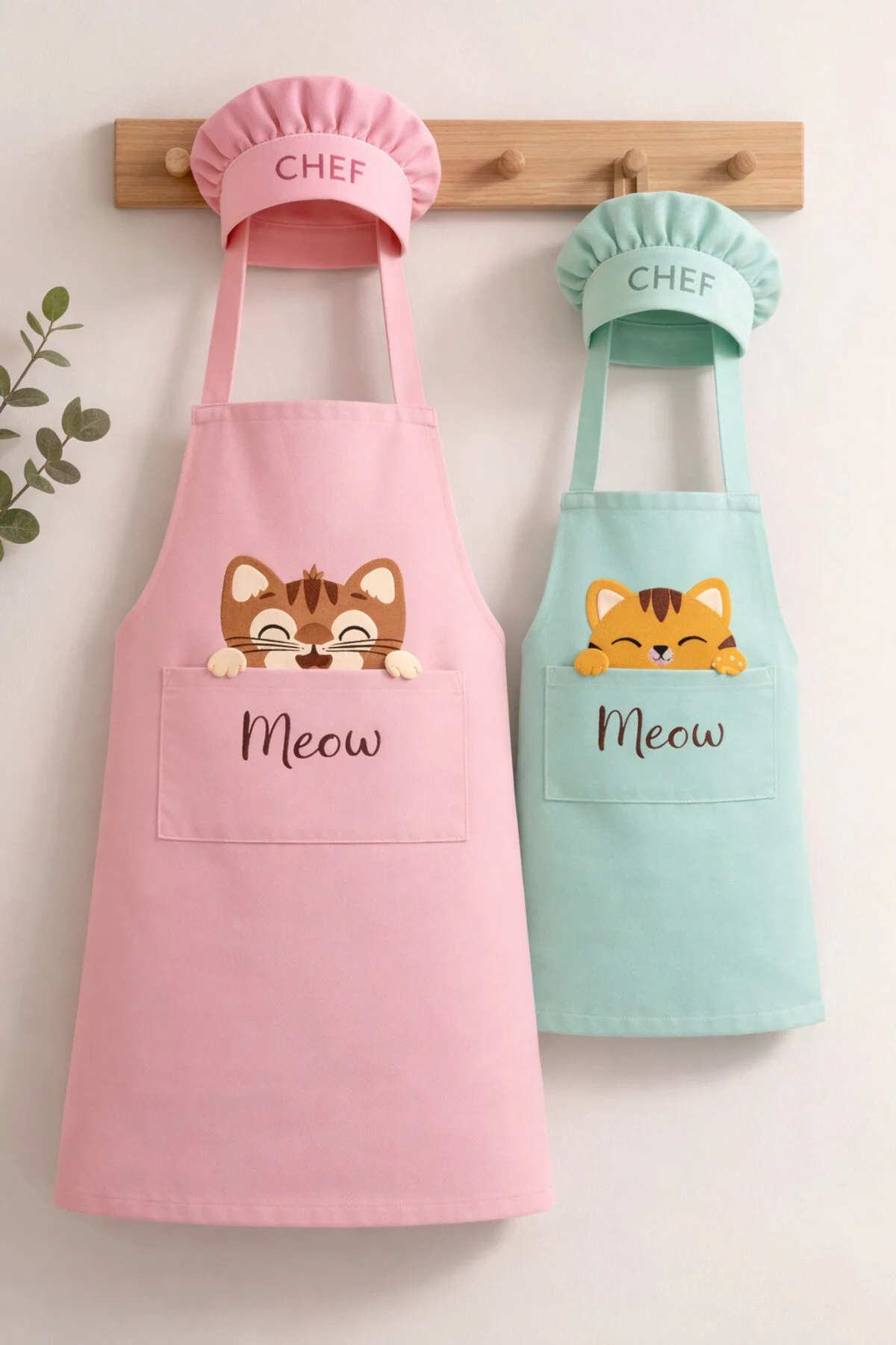 Ays Home Şapkalı Pudra/mint Kedi Şef Anne Çocuk Mutfak Önlüğü Cepli Leke Tutmaz Pudra