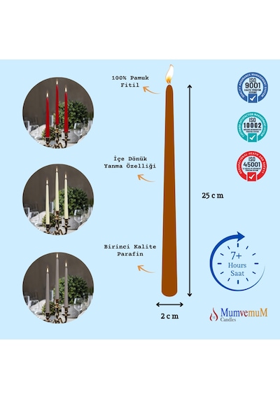 4 Lu Kahve Rengi Konik Şamdan Mum Kahverengi
