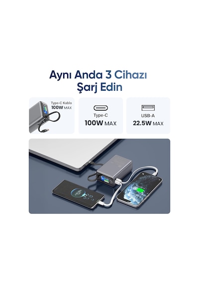 25000mah 100w Led Ekranlı Type-c Kablolu Powerbank Usb-a + Usb-c Macbook Notebook Telefon Taşınabilir Pd Hızlı Şarj Cihazı