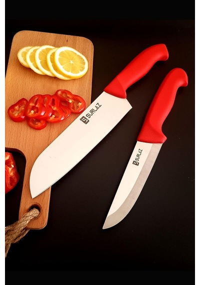 Sürlaz Red Santoku Şef Bıçak Seti Mutfak Bıçağı 2'li Çok Renkli