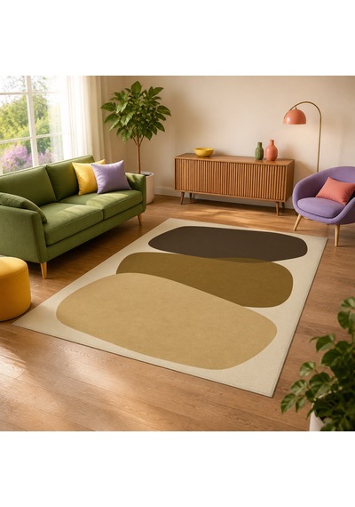 Kartela Halı Katman Taş Desenli Modern Halı Hardal Sarısı Kaymaz Taban 180x270 Cm