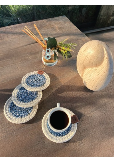 4 Adet Yuvarlak Bardak Altlığı- Leke Tutmaz- Beyaz-mavi 13x13 Cm Beyaz - Mavi