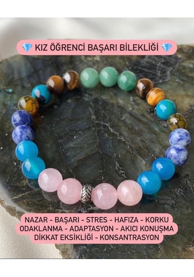 Doğal Taş Kız Öğrenci Başarı Bilekliği (Kaplangözü,Pembe Kuvars,Turkuaz, Akik,Sodalit ve Aventurin) Çok Renkli