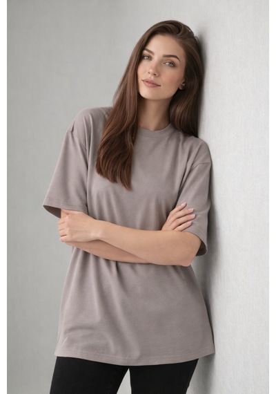 Enva Store Kadın Oversize Fit Yuvarlak Yaka Modal Basic T-shirt Tişört Bej