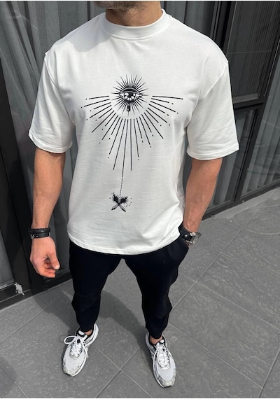 Barlashive Erkek Kısa Kol Tişört Bisiklet Yaka Gül Baskılı Oversize T-shirt - Beyaz Çok Renkli