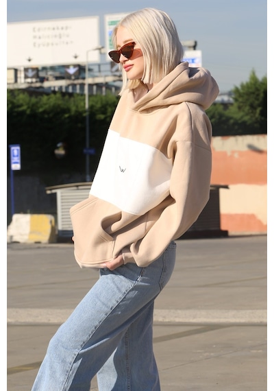 Bej Renk Bloklu Şardonlu Sweatshirt Mg1544