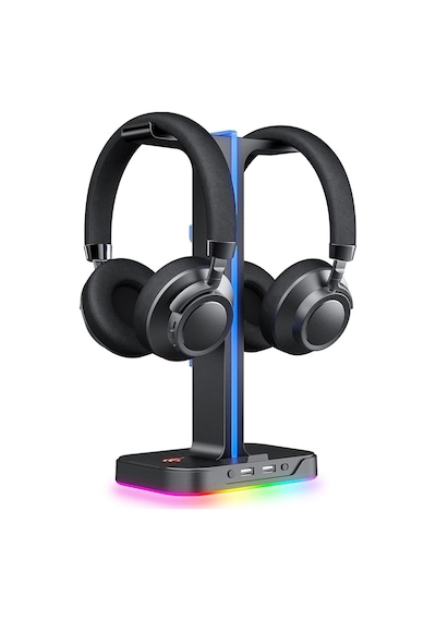 Çift Kulaklık Askısı, 2 Usb Bağlantı Noktası, Rgb Kulaklık Tutucu, Oyuncular İçin, Pc İçin, Siy