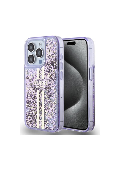 Apple Uyumlu iPhone 15 Pro Kılıf Guess Lisanslı Transparan Sıvılı Simli Altın Çizgili Kapak Mor