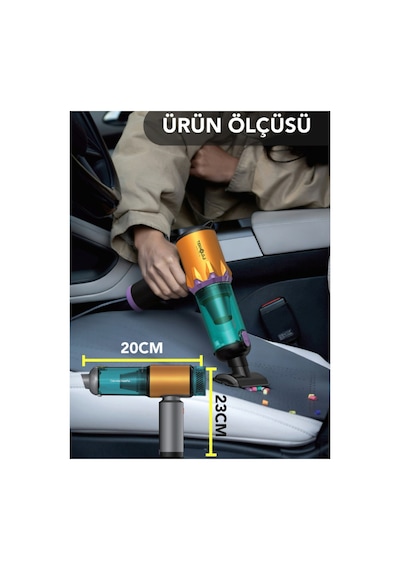 Araç İçi Süpürge Kablosuz Işıklı Göstergeli 22.000 Pa 9başlık Yedek Filtre Çantalı Çekim&üfleme 2in1