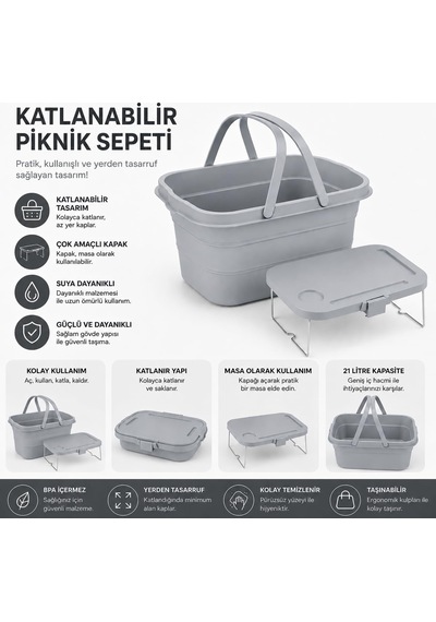 Katlanabilir Piknik Sepeti Ve Mini Masa Seti 21 Litre Kapasiteli Ergonomik Taşıma Kulplu Katlanır Piknik Çantası Ka Çok Renkli