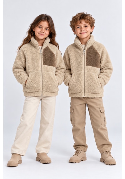 Ahengim Kız Erkek Çocuk Peluş Kuzu Mont Unisex Fermuarlı Dik Yaka Sıcak Tutan Çocuk Ceket Ak100 Bej