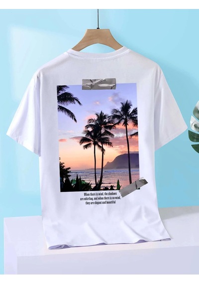 Unisex Örme Oversize Holiday Basklı Beyaz T-shirt. Beyaz