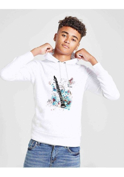 Tshirthane Flüt Music Baskılı Unisex Çocuk Kapüşonlu Beyaz Sweatshirt Beyaz