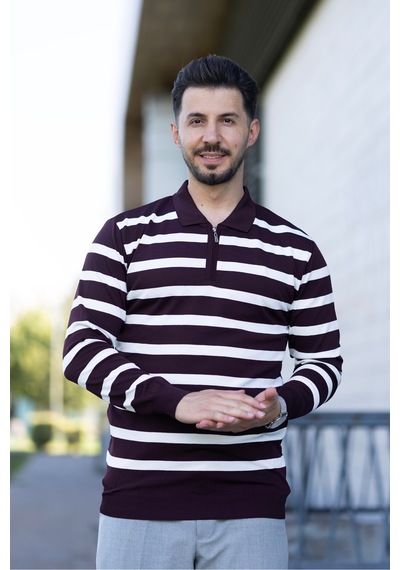 Hk Premium Kazak Fermuarlı Polo Yaka Çizgili Triko Sweatshirt Bordo