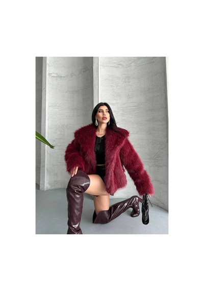 Tille Dame Yumuşak Dokunuşlu Oversize Premium Kürk Peluş Mont Bordo Bordo