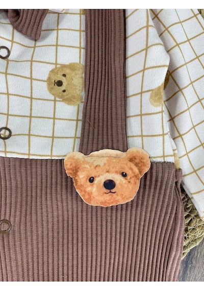 Bebicix Kaşkorse Esnek Papyonlu Ayıcık Figürlü Patikli Çıtçıtlı Erkek Bebek Tulum Kahverengi