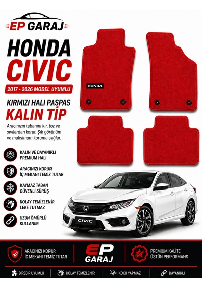 Honda Cıvıc 2017 2026 Uyumlu Kırmızı Halı Paspas Takımı Kalın Tip
