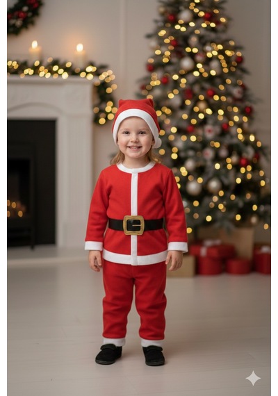 3 4 Yaş Çocuk Noel Baba Kostümü Şapkalı Ve Kemerli Yılbaşı Elbise Seti Diğer
