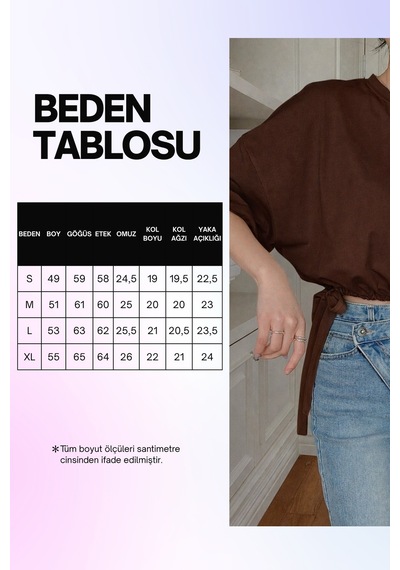 Kadın Oversize Basic Haki Tişört Yan Bağlamalı Rahat Kesim Günlük Yazlık T-shirt Kahverengi