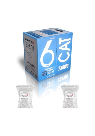 Apronx Cat6 23awg 305 Metre 0,50mm Gri Utp Kablo + 200 Adet Ez Jak