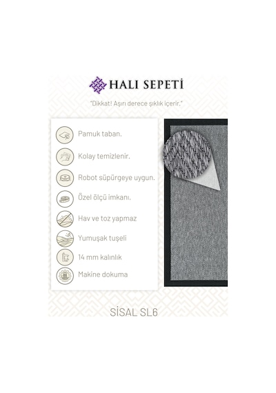 Halı Sepeti Noa Sisal Ns6 Gri - Siyah Kaydırmaz, Leke Tutmayan Yıkanabilir Salon Mutfak Halısı Gri - Siyah