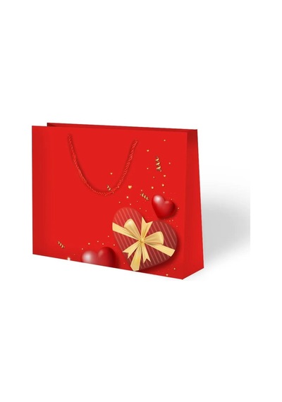 42 X 38 X 12 Cm Hediyelik Karton Çanta Kırmızı Valentine Kalp Desenli Lüks Çanta