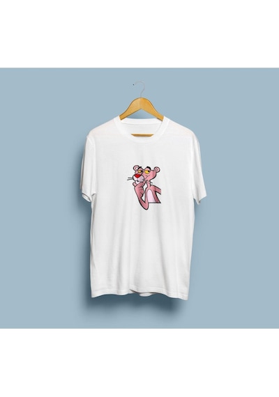 Oversize Pembe Panter Tasarım T-shirt Beyaz