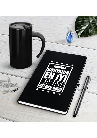 Kişiye Özel Dünyanın En İyi Babası Siyah Defter Kalem Termos Mug N11.1651 Siyah