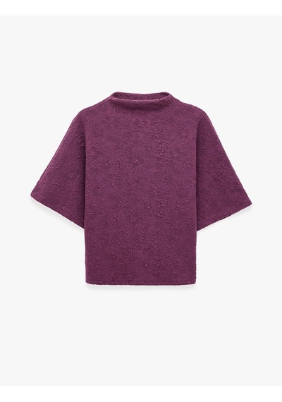 Koton Slim Fit Kısa Kollu Floral Dokulu Dik Yaka Tişört Mürdüm 7wak50278ek Mor