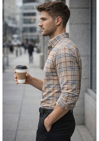 Erkek Ekose Slim Fit Gömlek Uzun Kollu Pamuklu Günlük & Casual Şık Gömlek Bej