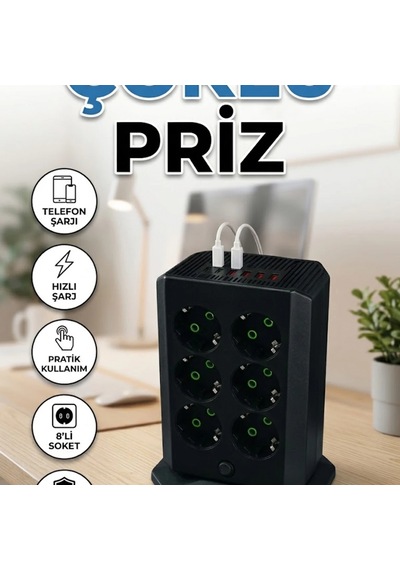 8'li Akım Korumalı Dikey Priz 4 Usb, 2 Type-c, Anahtarlı Diğer