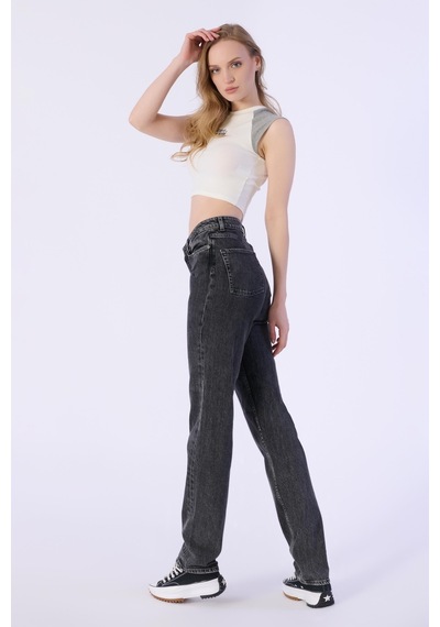 Straight Mıd Waıst Düz Denim Pantolon Kadın-antrasit Antrasit