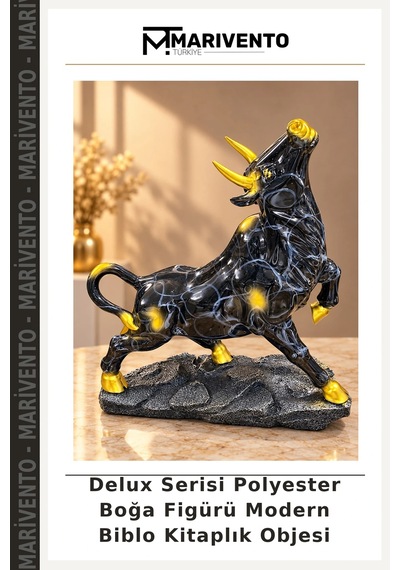 Delux Serisi Polyester Boğa Figürü Modern Biblo Kitaplık Objesi
