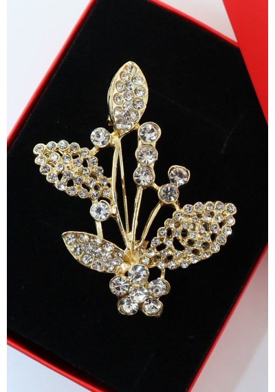 Gold Renk Kristal Taşlı Defne Yaprağı Broş. Tasarım Broş. Kadın Broş. Broş. Defne Yaprağı Broş. Gold