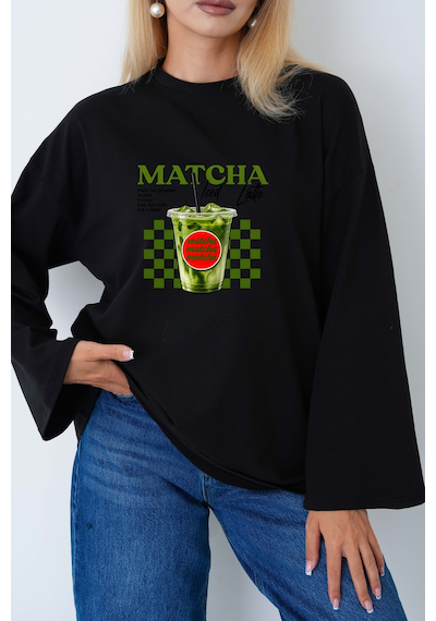 Medinenur Kadın Matcha Baskılı Oversize Geniş Kollu Body Siyah