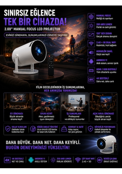 Android Wifi 4k Uhd Projektör 2.69 İnç Lcd 2.4g+5g Projeksiyon Kumandalı Ev Sinema Sistemi