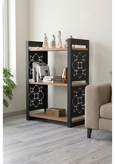 85 Cm 3 Katlı Endüstriyel Kitaplık, Konsol, Çiçeklik, Çok Amaçlı Raf 2810 Atlantik Çam - Siyah