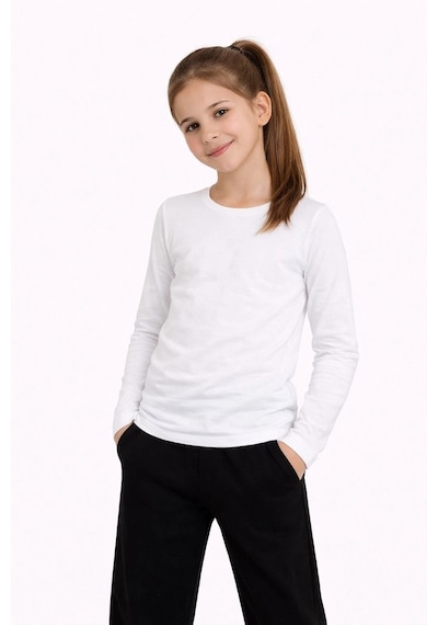 Kız Çocuk Basic Uzun Kollu Tişört Okul Günlük Rahat T-shirt - Beyaz Çok Renkli