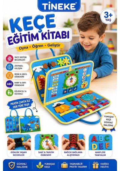 Tineke 3+ Yaş Keçe Eğitim Kitabı Montessori Eğitici Aktivite Oyuncağı Beceri Ve Zeka Geliştirici Çocuk Kitabı 4 Sayfa Mavi-ing