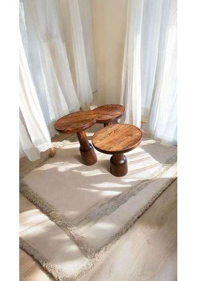 Wood Ahşap 3 Lü Set Ürgüp Mantar Yan Sehpa / Kestane Renk / Zigon Sehpa Vernikli Kestane