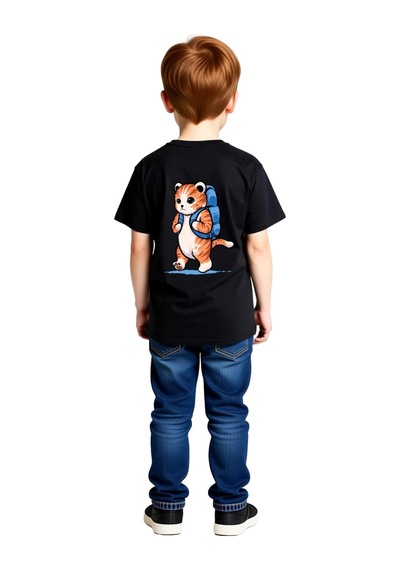 Paybuy Sırt Çantası Taşıyan Kedi Karikatürü Baskılı Çocuk Tişört Siyah