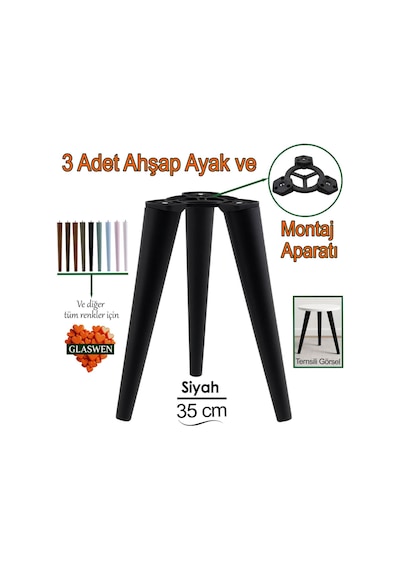 3 Adet Ahşap Ayak 35 Cm Siyah M8 Civatalı Bağlantı Aparatlı Mobilya Tabure Sehpa Masa Destek Ayağı Siyah