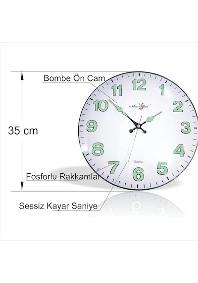 Yansıma Yapmayan Mat Beyaz Zemin Sessiz Kayar Saniye Fosforlu Gece Görünen 35 Cm Camlı Duvar Saati Diğer