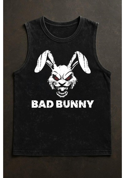 Technomonkey Siyah Erkek Pamuklu Antrenman Sporcu Atleti Oversize Yıkamalı Bad Bunny Baskılı Kolsuz T-shirt