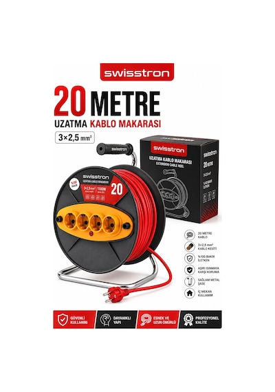 Swisstron Swıss20mk 20metre 3x2,5 Mm Makaralı Uzatma Kablosu 4 Lü Prizli Seyyar Kablo Makarası Bakır 20 M