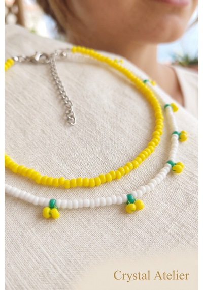 Crystal Atelier 2'li Sarı Kiraz Boncuk Kolye Seti El Yapımı Kum Boncuk Beyaz Sarı İkili Choker Kombini Sarı - Beyaz