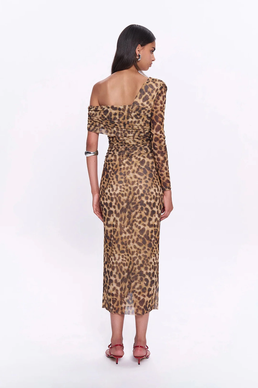 Olla Collection Leopar Desenli Drape Detaylı Tül Midi Elbise Kahverengi Kahverengi