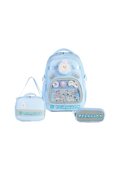 Relaxion Rlx-1815 3'lü Set Çocuk İlkokul Çantası Kalemlikli Beslenme Çantalı Sırt Çantası Mavi Açık Mavi