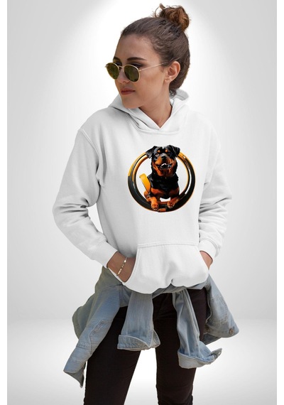 Süper Tasma Rottweiler Eğitim Kadın Erkek Beyaz Kapüşonlu Sweatshirt Hoodie Beyaz